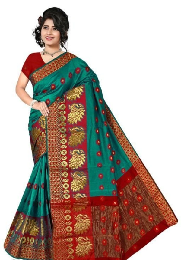 Jacquard Work Banarsi Cotton Silk  Saree With Blouse Piece -  Teal/ Red